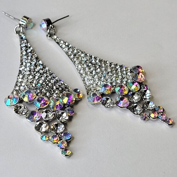 Iridescent Long Crystal Earrings with Aurora Borealis Rhinestone Silver Earrings - Picture 1 of 9